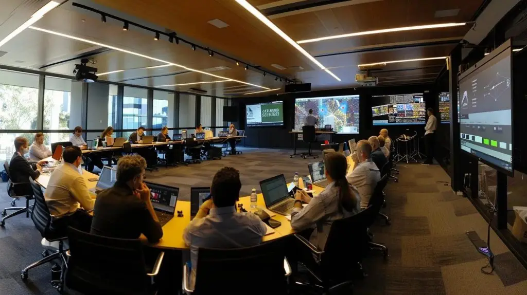 a modern brisbane office conference room with a diverse group of professionals engaged in a dynamic cybersecurity training session, surrounded by digital screens displaying real-time cyber threat alerts and interactive materials.