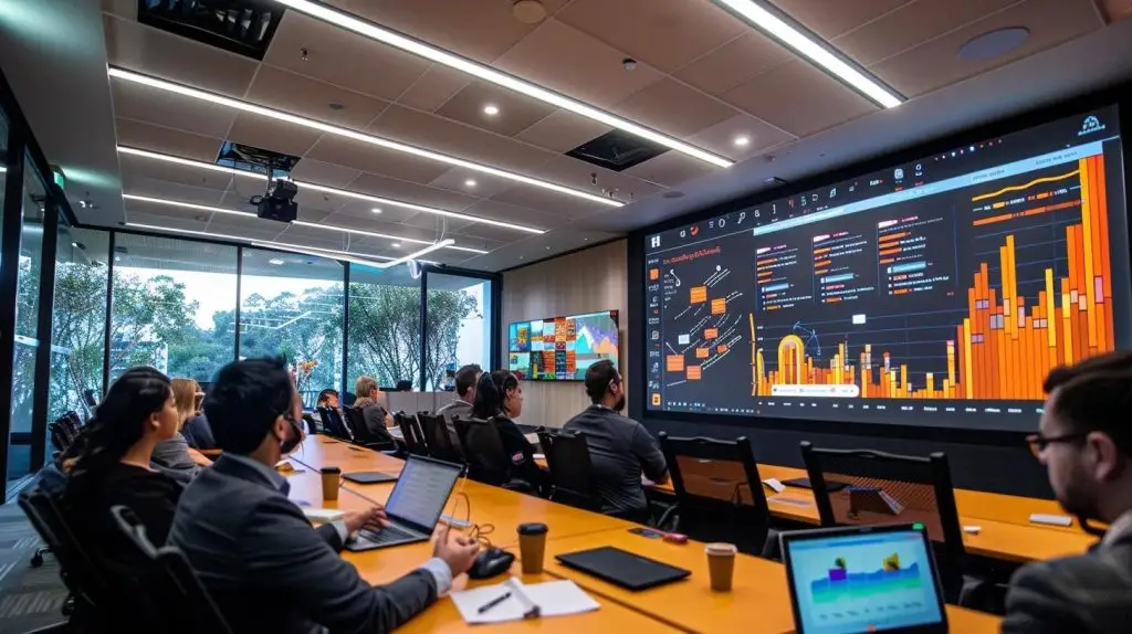 a modern brisbane office illuminated by sleek overhead lights, featuring a diverse group of engaged employees attentively participating in an interactive cybersecurity training session, with a large screen displaying vibrant infographics emphasizing the importance of cybersecurity awareness.