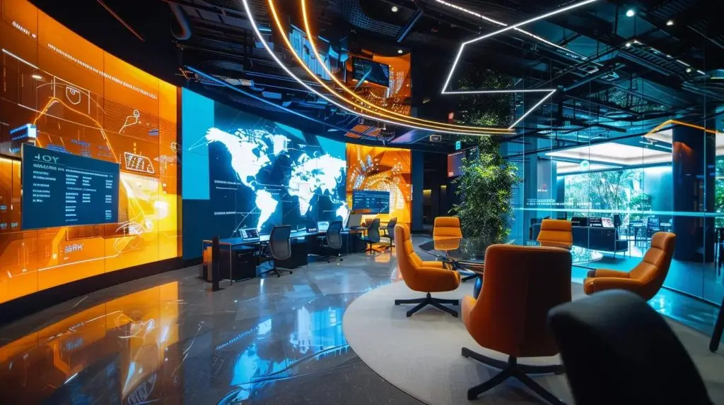 a modern brisbane office setting showcases a diverse team engaged in a dynamic cybersecurity strategy meeting, with digital displays highlighting data protection metrics and vciso expertise, emphasizing the importance of innovative risk management in today's digital landscape.