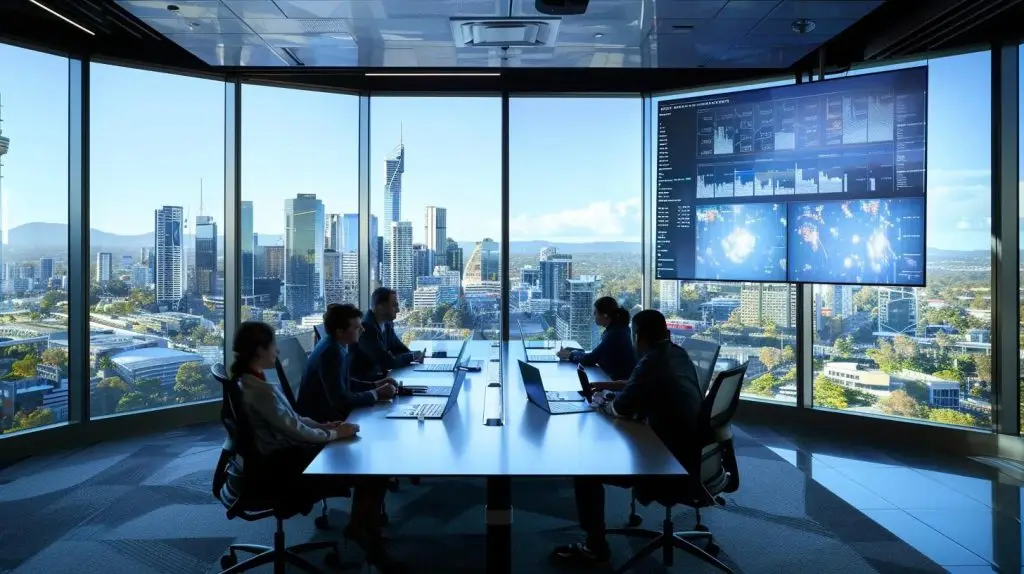 a modern brisbane office with a sleek conference table, surrounded by diverse professionals engaged in a collaborative discussion on cybersecurity strategy, highlighted by digital screens displaying security metrics and risk assessments.