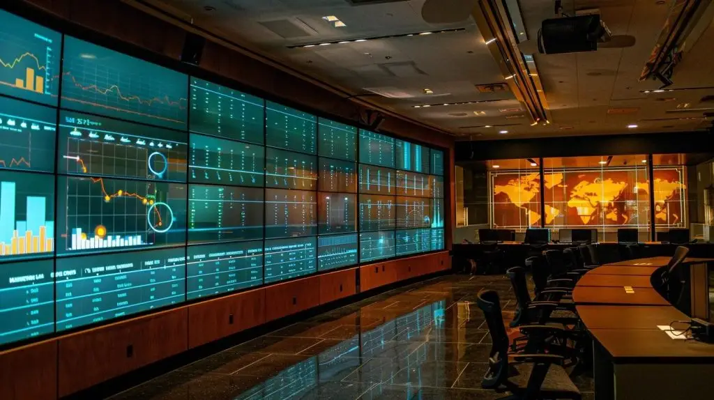a modern conference room with sleek glass walls, featuring a large digital screen displaying detailed charts and graphs related to security compliance audit methodologies, illuminated by focused overhead lighting that enhances the professional atmosphere.