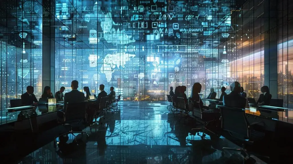 a modern corporate boardroom, featuring a sleek glass conference table surrounded by diverse executives engaged in a vibrant discussion, with digital security framework diagrams projected on screens, symbolizing the crucial role of security frameworks in contemporary corporate governance.