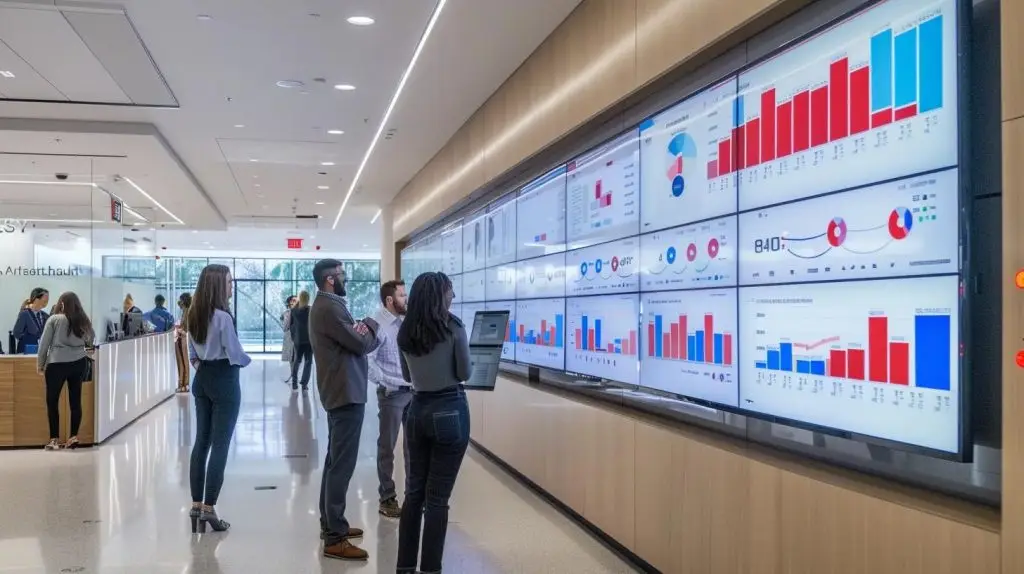 a modern, high-tech office filled with large screens displaying real-time cybersecurity data and graphs, highlighting the intensity of incident detection and analysis as a diverse team collaborates with focused expressions to strategize effective responses.