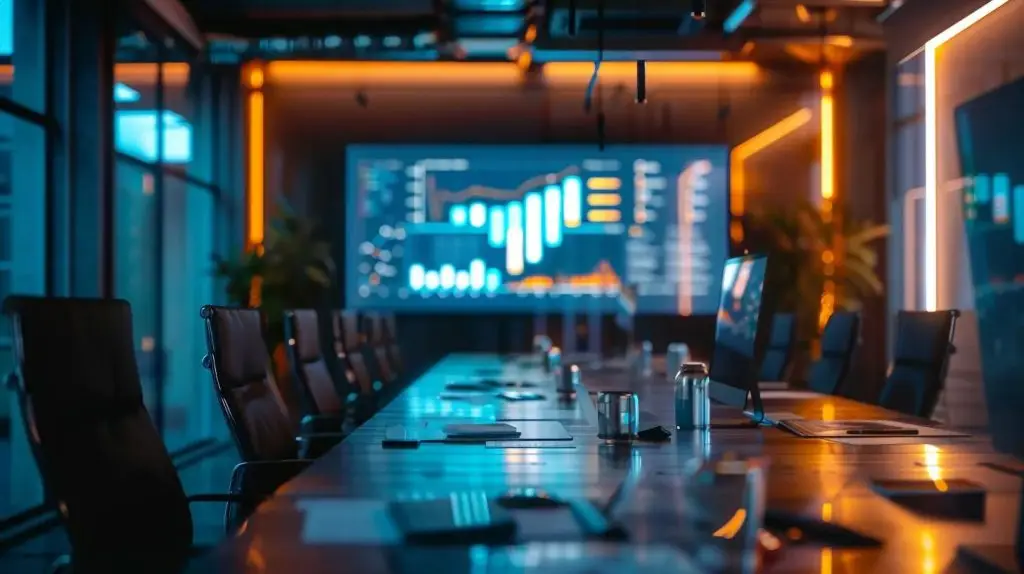 a modern office boardroom with sleek, minimalist design and a digital presentation on a screen, showcasing a strategic roadmap for selecting and implementing a security compliance framework, illuminated by focused overhead lights.