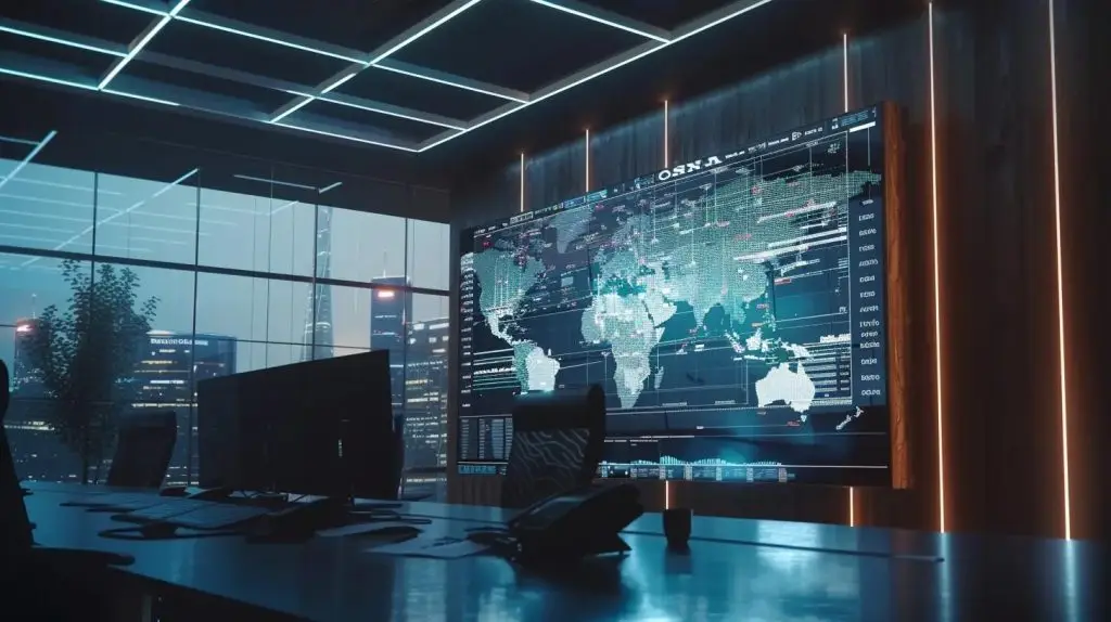 a modern office boardroom, featuring a large digital screen displaying complex data visualizations related to data protection and compliance risks, illuminated by sleek overhead lighting to emphasize a serious and professional atmosphere.