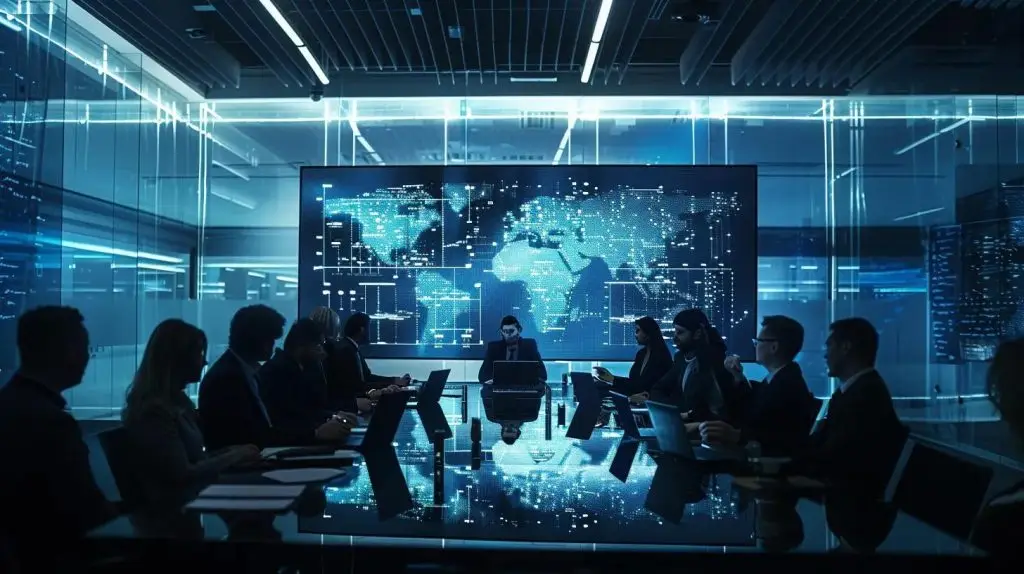 a modern office conference room, illuminated by sharp overhead lighting, features a sleek digital whiteboard displaying the nist cybersecurity framework principles, while engaged professionals attentively discuss cybersecurity strategies amidst high-tech laptops and analytics reports.