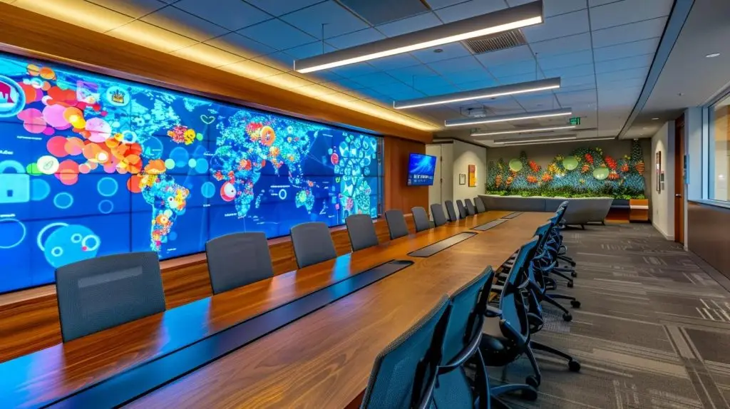 a modern office conference room showcases a diverse team engaged in an interactive security training session, with vibrant visuals illustrating cybersecurity concepts on a large screen, emphasizing collaboration and a proactive security culture to mitigate risks.
