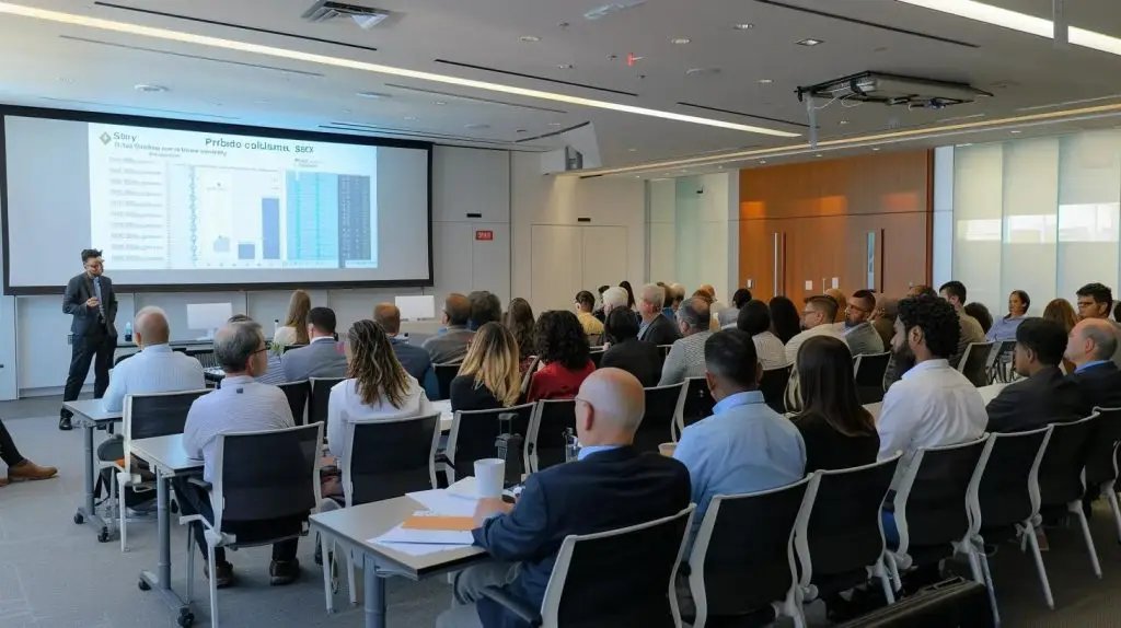 a modern office conference room filled with diverse professionals attentively discussing a digital presentation on data protection software, featuring a large screen displaying performance metrics and recovery objectives in a sleek, tech-savvy environment.