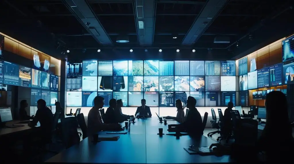 a modern office conference room filled with diverse professionals engaged in animated discussion, surrounded by digital displays showcasing risk management analytics and strategic compliance frameworks.