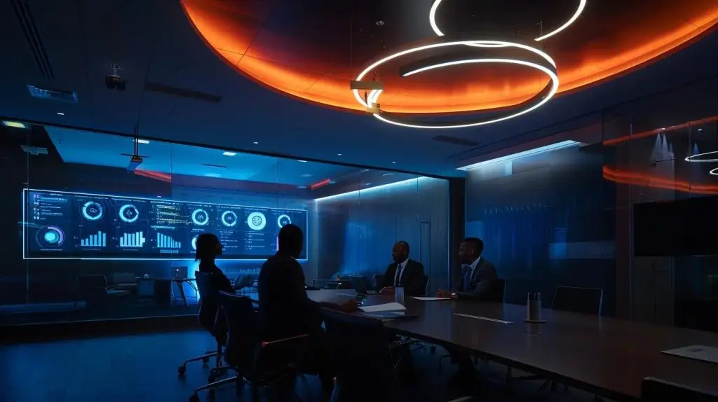 a modern office conference room comes alive with a large digital screen displaying bold infographics on cloud security strategies, while focused professionals engage in a dynamic discussion, illuminated by sharp artificial lighting and sleek contemporary furnishings.