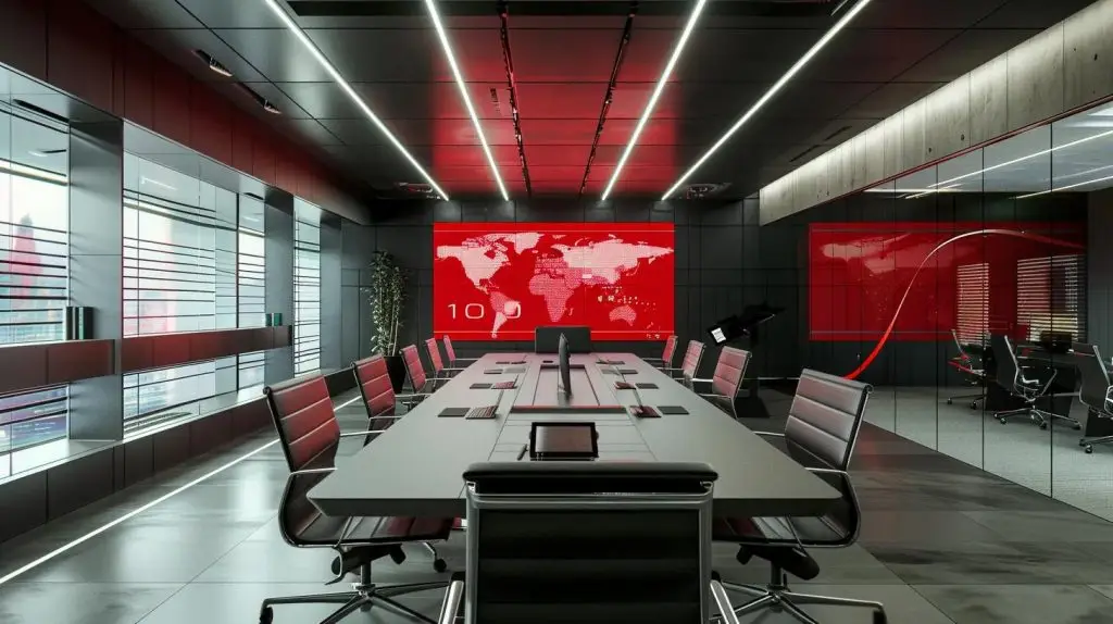 a modern office conference room features a large digital screen displaying key compliance regulations alongside a vibrant infographic, emphasizing the urgency of network security and regulatory adherence in a sleek, professional setting.