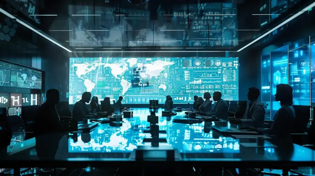 a modern office conference room is filled with diverse professionals engaged in a dynamic discussion around a large table, surrounded by digital displays showcasing risk management data and strategies, emphasizing the importance of proactive decision-making and organizational resilience.