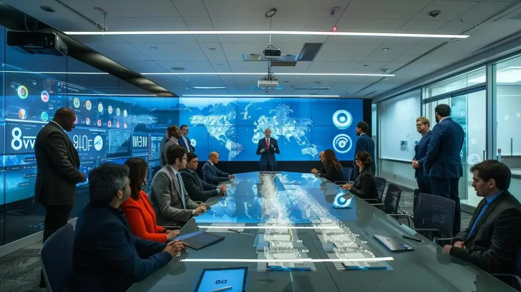 a modern office conference room features a sleek glass table surrounded by attentive professionals engaging in a detailed discussion, with a digital presentation screen displaying complex internal auditing frameworks and compliance metrics, highlighting the theme of organizational integrity and governance.