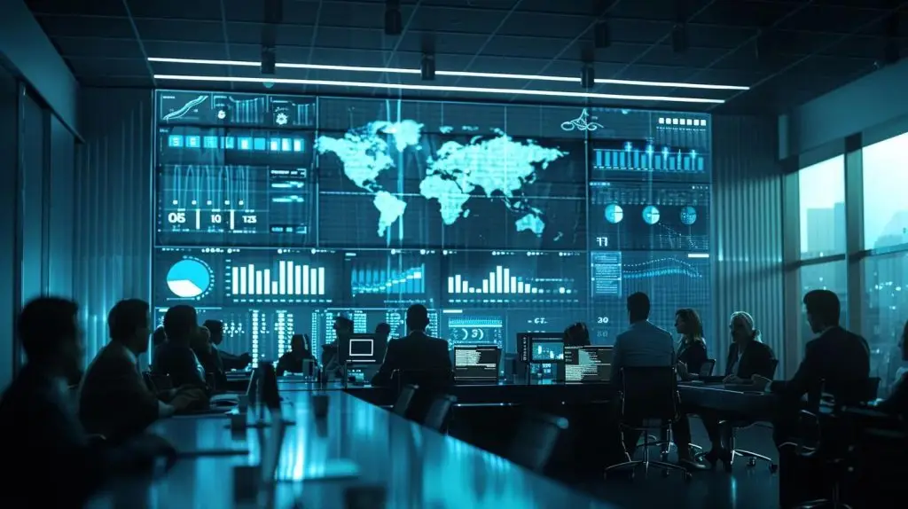 a modern office conference room, filled with engaged professionals analyzing data on a large screen, surrounded by charts and graphs that highlight the effectiveness of security training programs.