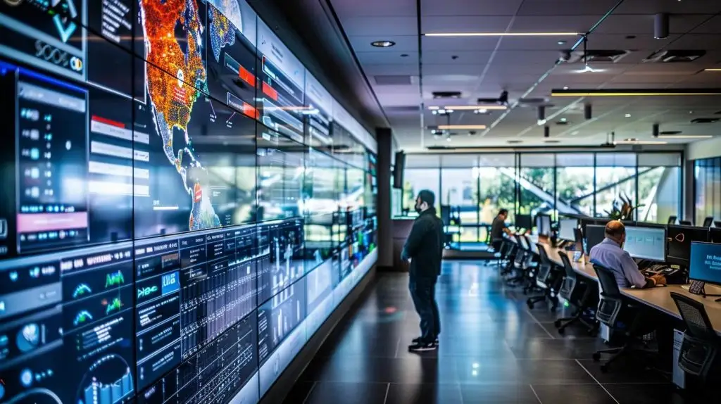 a modern office environment showcases a sleek digital display highlighting fortigate's advanced security features, surrounded by professionals engaged in critical discussions over cybersecurity strategies.
