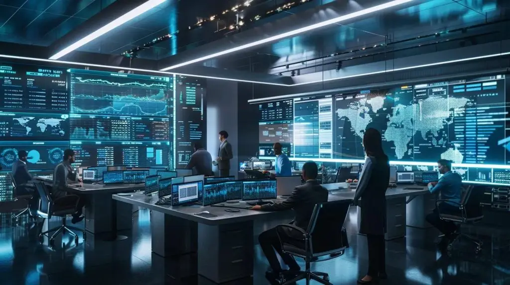 a modern office environment features a diverse team engaged in a focused discussion around advanced audit management software, with digital screens displaying data analytics and compliance metrics, reflecting the dynamic challenges faced in internal auditing processes.