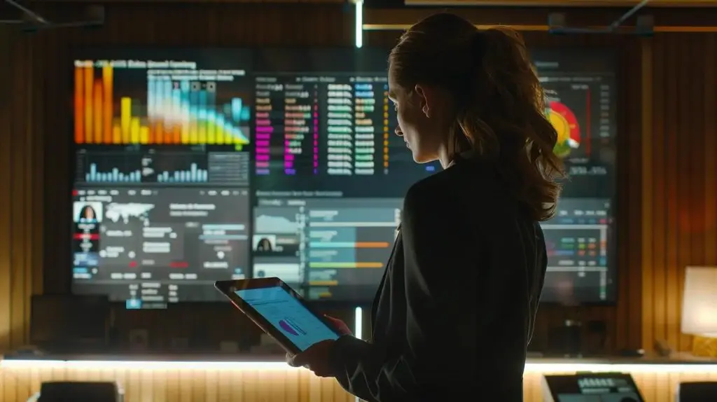 a modern office environment showcases a focused professional reviewing extensive risk management compliance documents on a sleek digital tablet, with a large screen behind displaying analytical data and compliance charts, illuminated by bright, clear artificial lighting.