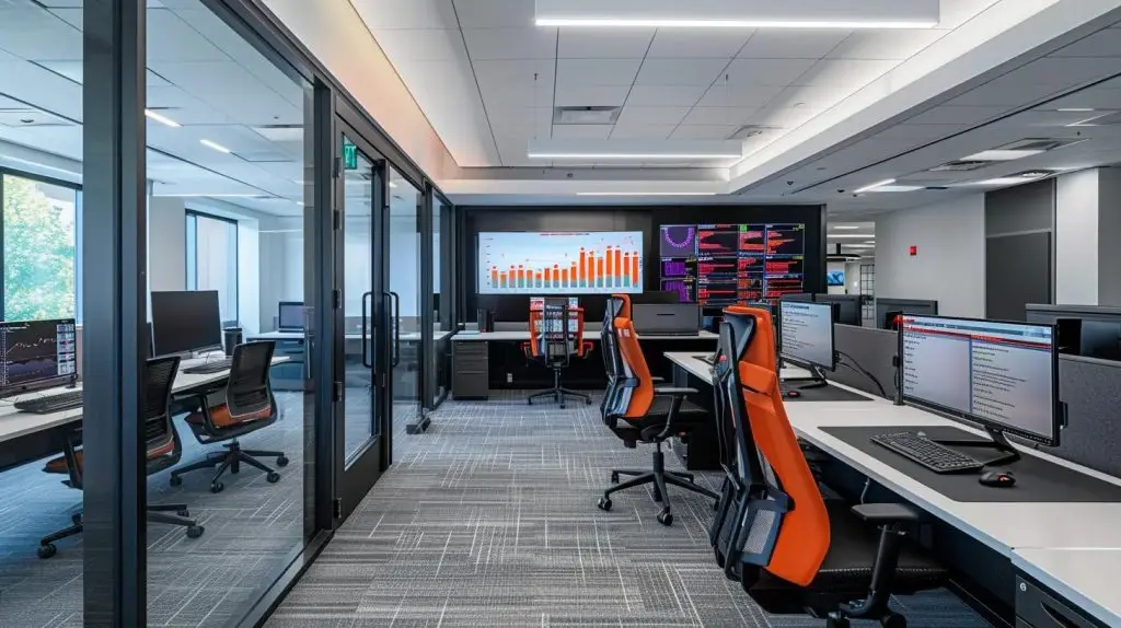 a modern office environment buzzes with activity, featuring sleek computers displaying complex cybersecurity dashboards alongside vibrant charts illustrating keyword strategies, symbolizing the intersection of digital security and effective online marketing.