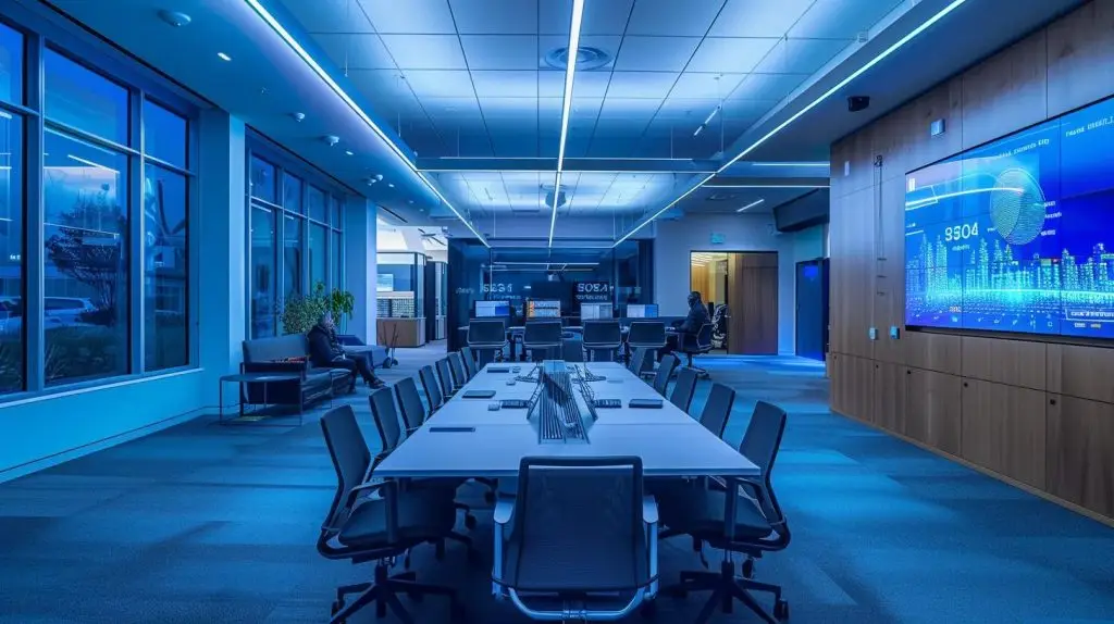 a modern office environment features a sleek conference room where diverse professionals engage in an intense discussion over a digital presentation on iso compliance frameworks, illuminated by soft artificial lighting that accentuates their focused expressions and high-tech gadgets.