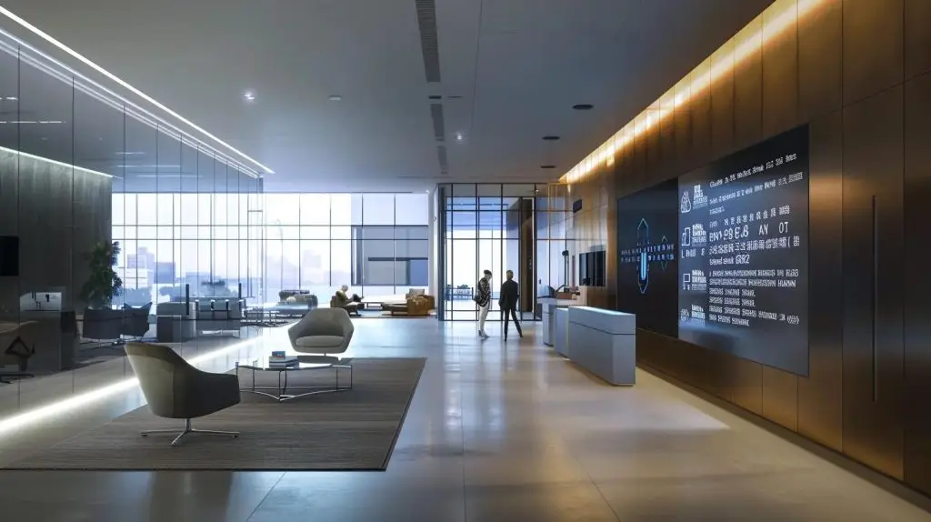 a modern office environment featuring a sleek digital display of cloud compliance data and security metrics, with professionals engaged in strategy discussions that reflect a focus on regulatory adherence and technological advancement.