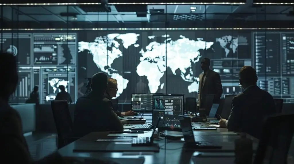 a modern office environment featuring a diverse team engaged in a collaborative meeting, surrounded by digital displays showcasing security compliance frameworks and automated monitoring dashboards, reflecting a strong commitment to cybersecurity and regulatory adherence.