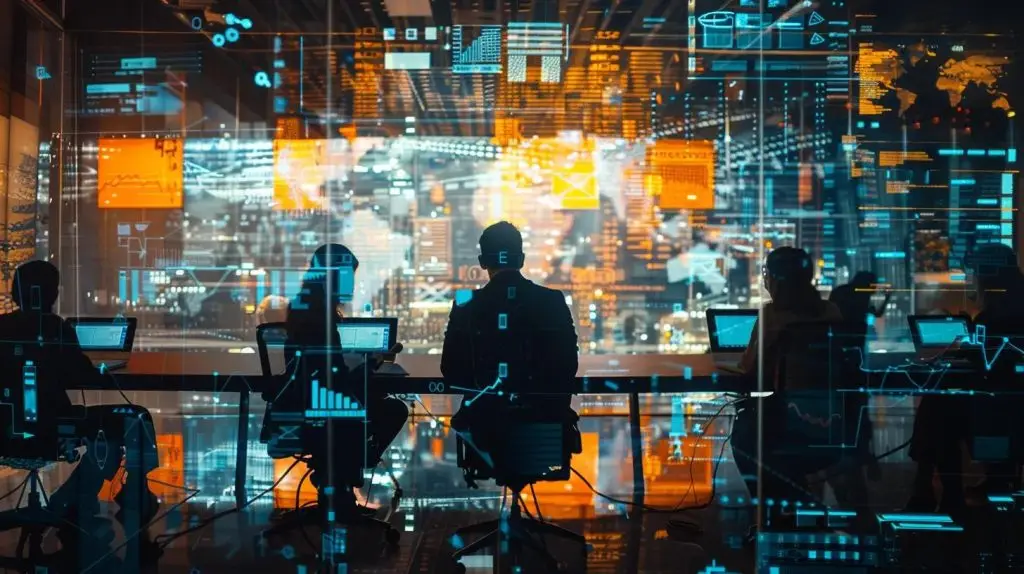 a modern office environment featuring a diverse team engaged in a dynamic brainstorming session, surrounded by digital screens displaying risk management data and cybersecurity frameworks, highlighting a proactive approach to business resilience.
