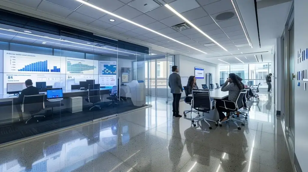 a modern office environment features a sleek digital dashboard displaying real-time cybersecurity analytics, with professionals engaged in collaborative discussions around compliance solutions and data protection strategies.