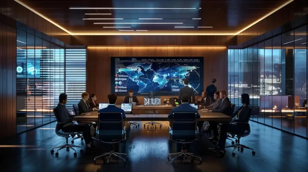 a modern office environment features a sleek conference table surrounded by professionals engaged in a discussion, illuminated by dramatic overhead lighting that emphasizes digital compliance documents and security analytics displayed on a large screen.