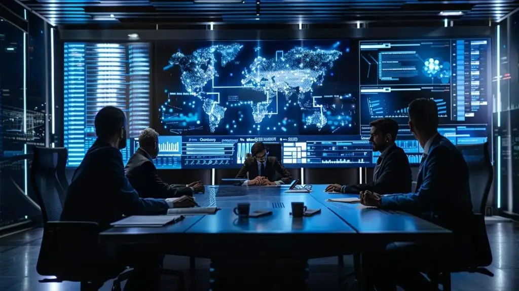 a modern office environment features a group of focused professionals engaged in a strategic discussion around a sleek conference table, with digital displays showcasing nist cybersecurity framework guidelines and risk management strategies, illuminated by dynamic, ambient lighting.