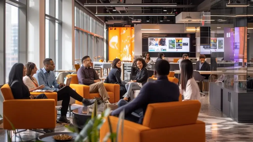 a modern office environment features a diverse group of cybersecurity professionals engaged in a dynamic discussion, surrounded by high-tech screens displaying data analytics and security frameworks, highlighting the essence of trust and expertise in local cybersecurity firms.