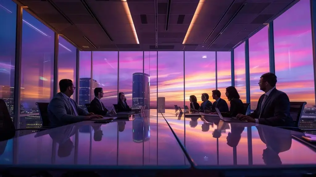 a modern office environment showcasing a sleek conference table filled with advanced technology, where diverse professionals engage animatedly in a discussion about the operational advantages of securitribe compliance solutions, illuminated by dynamic ambient lighting that highlights their focus and collaboration.
