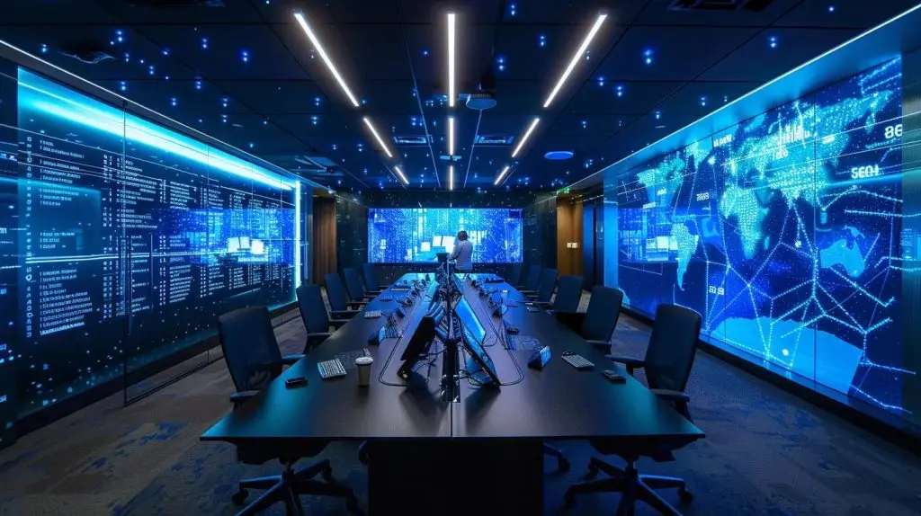 a modern office environment showcases a focused vciso, engaged in an enlightening discussion with colleagues around a sleek conference table, illuminated by bright overhead lighting, highlighting the intricate regulatory frameworks displayed on digital screens in the background.