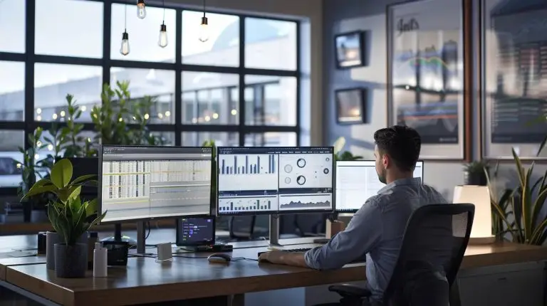 a modern office environment showcases a focused professional analyzing complex data on multiple screens, with sql code displayed prominently, highlighting the theme of mastering transaction control techniques for optimal concurrency.