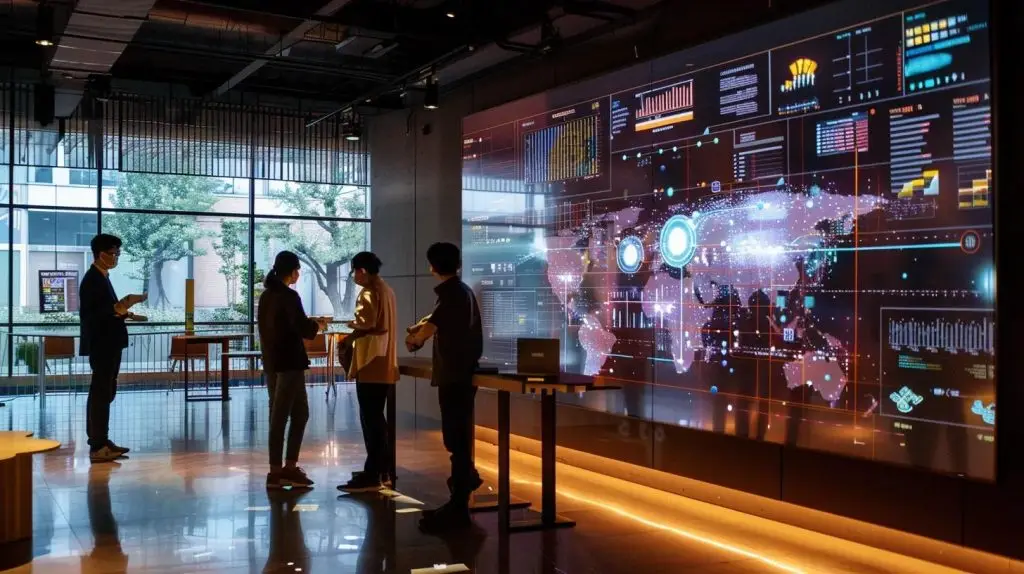 a modern office environment showcases a diverse team engaged in a dynamic brainstorming session, with digital security diagrams and data flow charts projected on a sleek screen, emphasizing the practical application of ldr553 knowledge for enhancing cyber resilience.