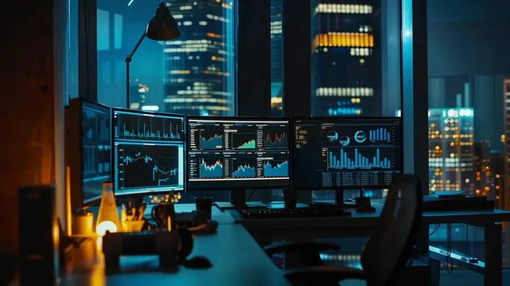 a modern office environment showcases a sleek control center with multiple high-resolution monitors displaying real-time analytics and cloud identity management dashboards, highlighting advanced user access and security governance technologies.