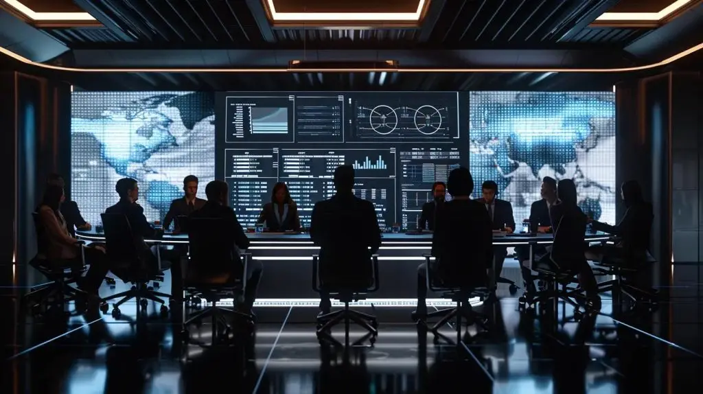 a modern office environment showcases a diverse team engaged in a strategic meeting around a sleek conference table, with digital screens displaying graphs and incident response plans, highlighting the urgency and importance of security compliance.