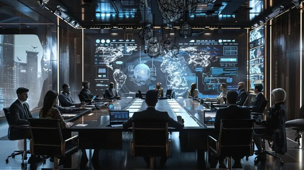 a modern office environment showcases a diverse team intently collaborating around a high-tech conference table, with digital screens displaying data protection principles in a sleek, futuristic design.