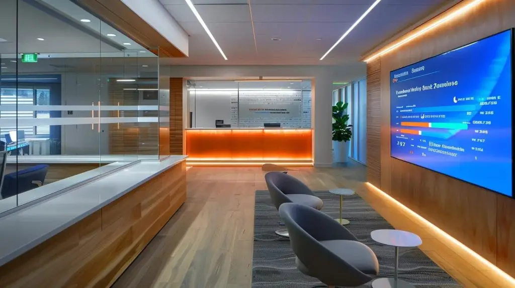 a modern office environment showcases a sleek digital dashboard displaying cloud security metrics, illuminated by focused ambient lighting, emphasizing the theme of optimal protection in cybersecurity protocols.