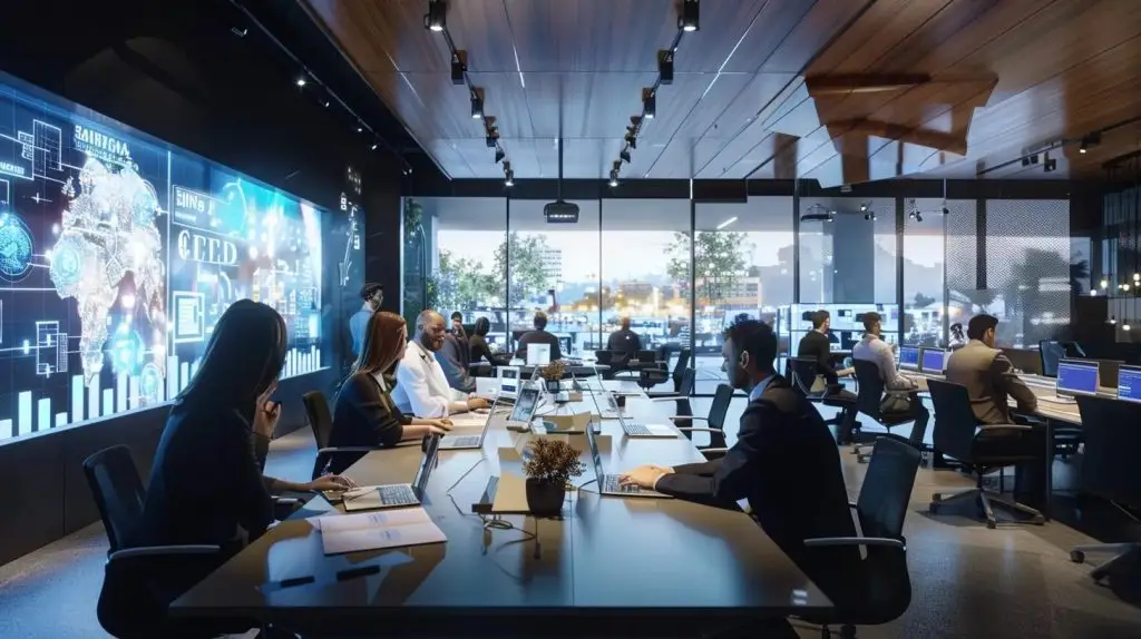a modern office environment showcasing a diverse team engaged in an intense security strategy meeting, surrounded by digital displays of cyber security metrics and risk assessments, highlighting their proactive approach to compliance and risk management.