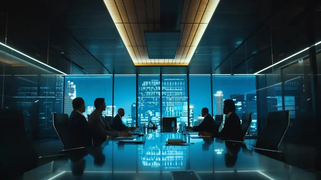a modern office environment with a sleek conference table, illuminated by soft ambient lighting, showcases a diverse group of professionals engaged in a dynamic discussion, reviewing digital data visualizations on a large screen focused on risk mitigation strategies.