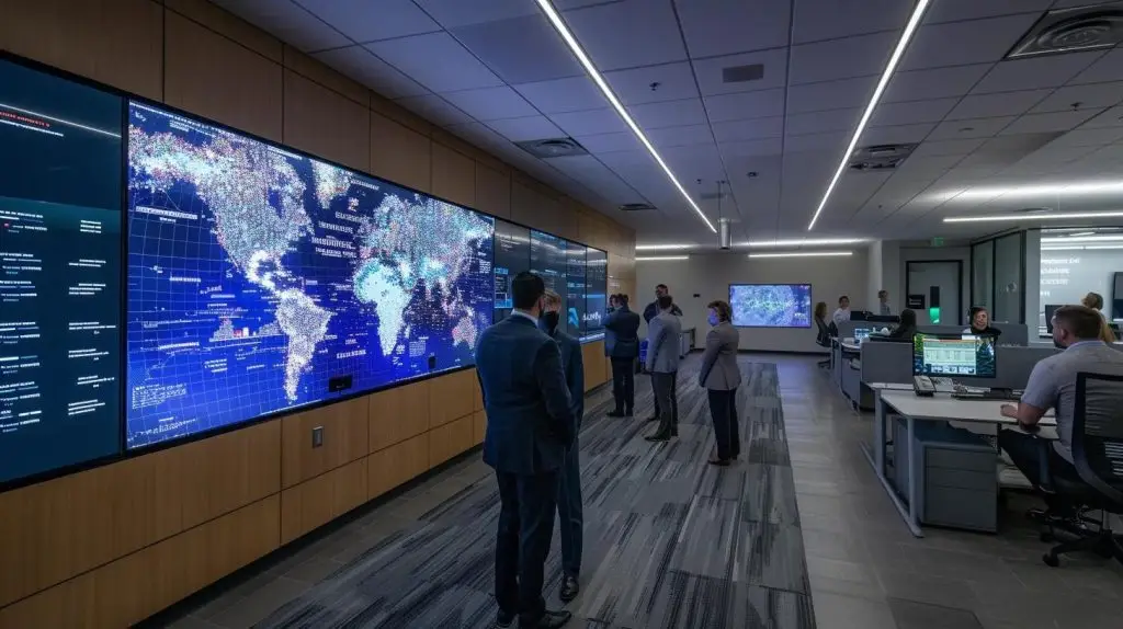 a modern office setting features a large screen displaying a detailed incident response plan template, surrounded by attentive team members engaged in a strategic discussion, illuminated by focused overhead lighting that emphasizes the importance of their collaborative efforts in cybersecurity preparedness.