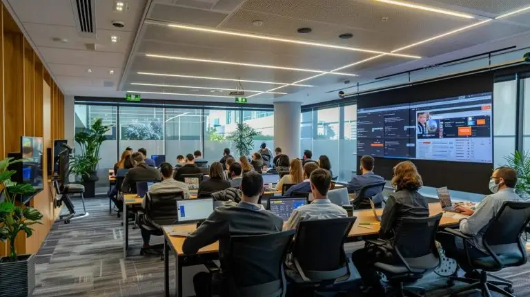 a modern office setting in brisbane features a diverse group of engaged professionals attentively participating in a cybersecurity awareness training session, illuminated by bright overhead lights and surrounded by digital screens displaying key cybersecurity concepts.
