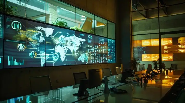 a modern office setting showcases a diverse team engaged in a strategic meeting, with a digital display highlighting risk mitigation strategies and vibrant visuals, emphasizing collaboration and analytical thinking.