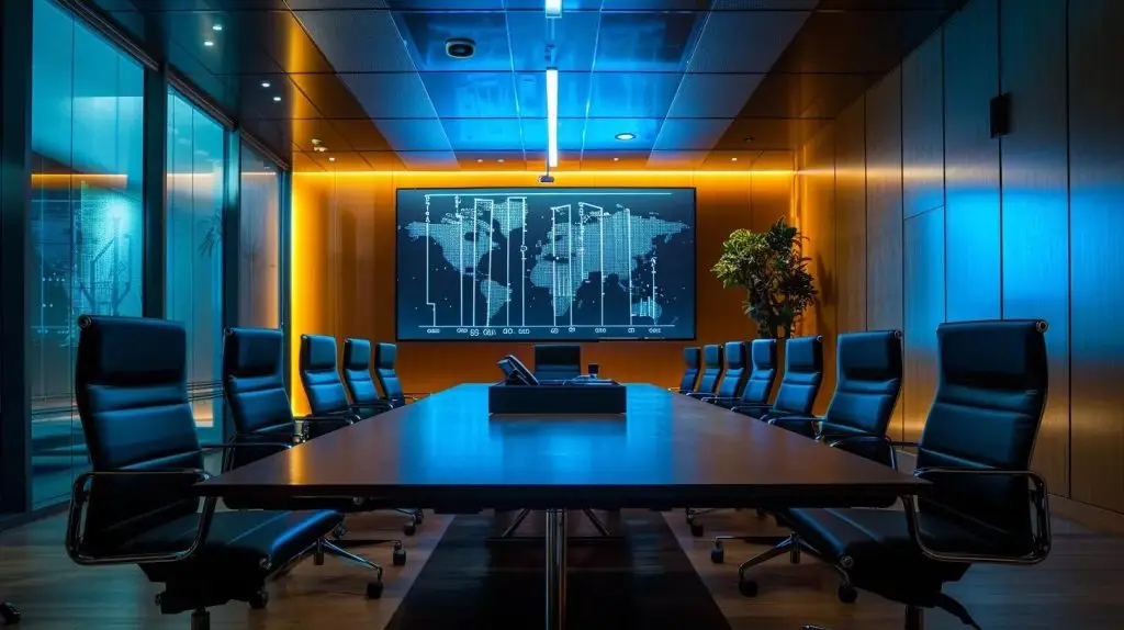 a modern office setting showcases a sleek conference room, featuring a large digital screen displaying a dynamic infographic on iso compliance frameworks, with confident professionals engaged in a strategic discussion, illuminated by bright, focused overhead lighting.