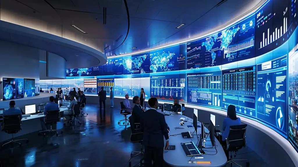 a modern office space features a diverse team of professionals engaged in a strategic planning session, surrounded by digital displays showcasing financial data and risk assessments, emphasizing proactive risk management and operational efficiency.