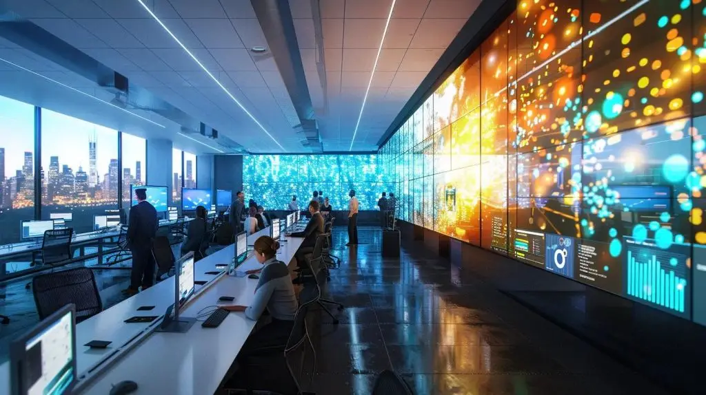 a modern office space filled with diverse professionals engaged in a collaborative risk management strategy session, featuring vibrant digital displays of risk assessment templates, probability matrices, and advanced software dashboards highlighting data analytics.