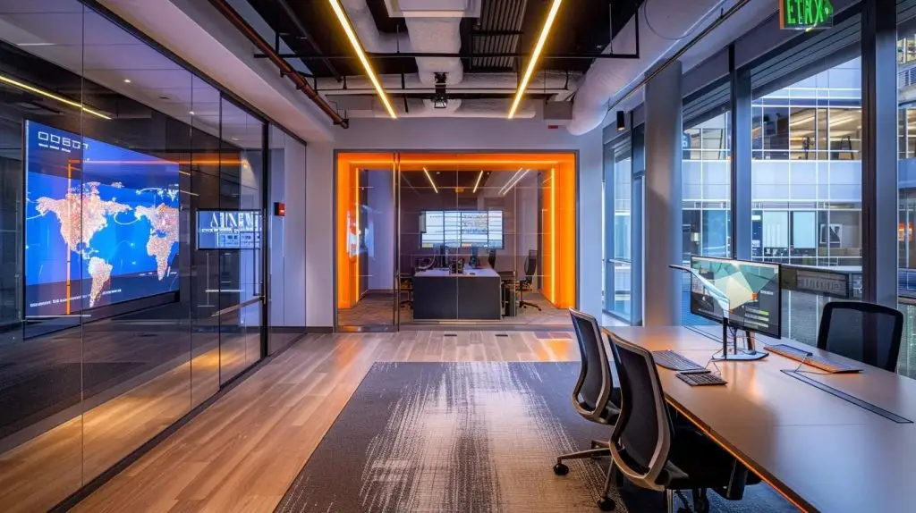 a modern office space is illuminated by a high-tech digital display showcasing dynamic cybersecurity analytics, emphasizing a sleek workstation with advanced equipment designed for managing today's pressing digital threats.