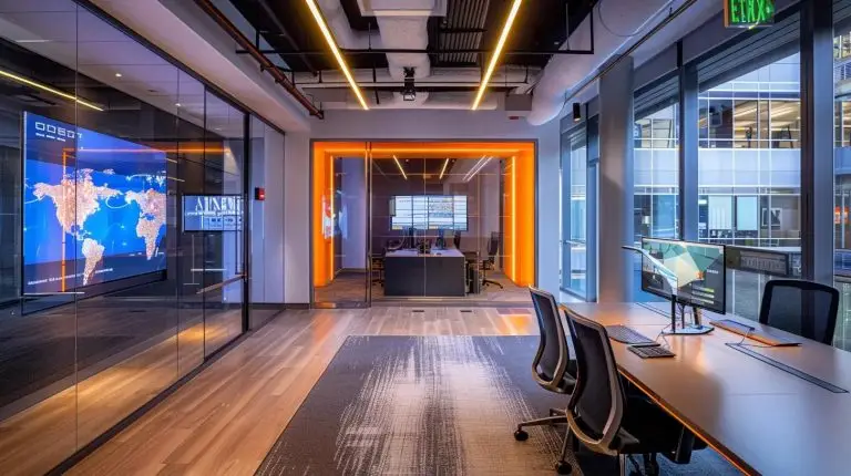 a modern office space is illuminated by a high-tech digital display showcasing dynamic cybersecurity analytics, emphasizing a sleek workstation with advanced equipment designed for managing today's pressing digital threats.