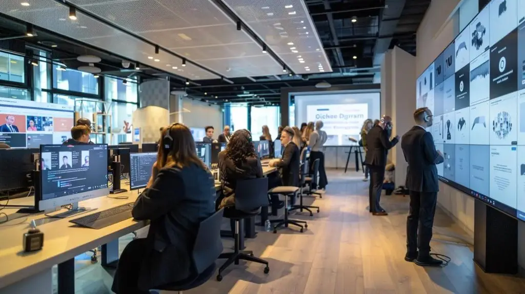 a modern office training room bustling with engaged employees attentively participating in a tailored cybersecurity workshop, surrounded by interactive displays showcasing company-specific security scenarios and risks.