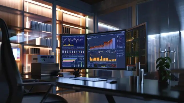 a modern office workspace features a sleek computer monitor displaying vibrant sql query optimization graphs, with a focused professional analyzing data, illuminated by crisp overhead lighting and emphasizing a sense of efficiency and technological advancement.